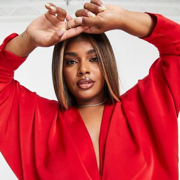 Asos Design Curve Batwing Satin Mini Dress Bias Cut Skirt Tie Back Red SZ 18 - Picture 3 of 6